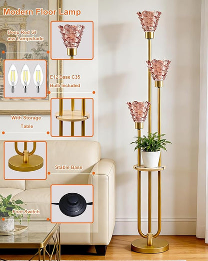 3-Light Modern Glass Floor Lamp with Shelf, Gold Tall Standing Lamp with Deep Red Flower Glass Shade, LED Floor Lamp with Foot Switch& 5Lbs Heavy Base for Living Room Bedroom, Bulb Included