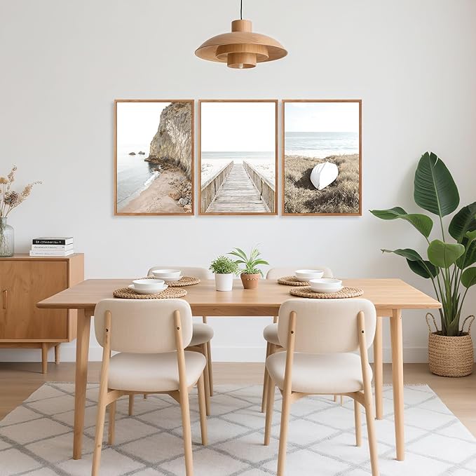 Aurlan Neutral Beach Coastal Framed Wall Art(16"x24"), 3PCS Boho Ocean Shore Waves Bridge Pathway Boardwalk Sailboat Canvas Artwork, Large Abstract Modern Seaside Seascape Landscape Nautical Decor for Bedroom Living Room