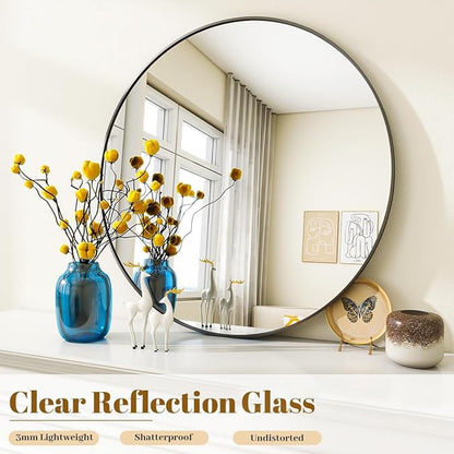 VooBang Black Round Bathroom Mirror, 24 inch Circle Wall Mounted Hanging Mirror with Simple Modern Circular Metal Frame for Hallway, Entryway, Living Room, Black Frame