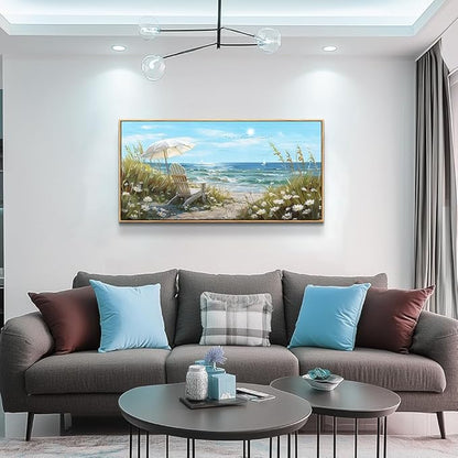 ERQINHUA Large Wall Decor For Living Room Canvas Wall Art For Restaurant Office Decorations Blue Sea Ocean Paintings Beach Chair Wall Pictures Modern Home Decor Ready To Hang Wood Framed 20x40 In