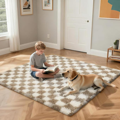 Checkered Rug for Living Room, 8x10 Beige and White Area Rugs, Classic Checkered Carpets Shag Area Rug, Bedside Rugs for Living Room Bedroom Kids Room Home Decor