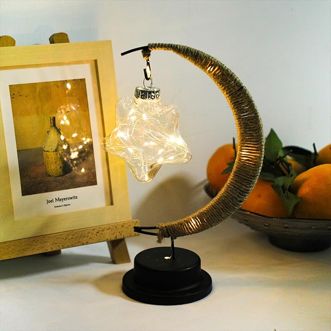 Gold Moon Table Night Light with Hanging Star Ramadan Decorative Lamp Battery Operated for Home Bedroom Shop Dining Holiday Party Eid Festival Decoration