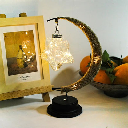 Gold Moon Table Night Light with Hanging Star Ramadan Decorative Lamp Battery Operated for Home Bedroom Shop Dining Holiday Party Eid Festival Decoration