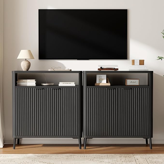 Fatmok Fluted Buffet Cabinet with Storage, 31.4" Wide Wood Sideboard Credenza with 2 Doors & Open Storage Shelf, Modern Coffee Bar Table for Living Room Kitchen Dining Room,Black Grey
