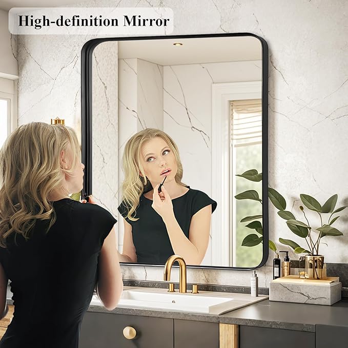 Fabuday Bathroom Mirror Wall Mounted - 26x28 Inch Framed Balck Mirrors for Bathroom Over Sink with Rectangle Frame, Black Matte Frame Vanity Mirrors for Bedroom, Restroom, Farmhouse, Entryway Decor