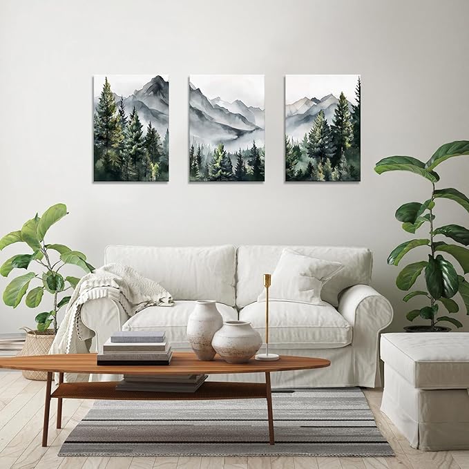 WANGTIAO 3 Panels Framed Canvas Wall Art for Living Room, Abstract Mountain Forest Views Ink Wall Decor for Dedroom Office Wall Paintings Green Landscape Art Prints Pictures Ready to Hang 16"x24"x3