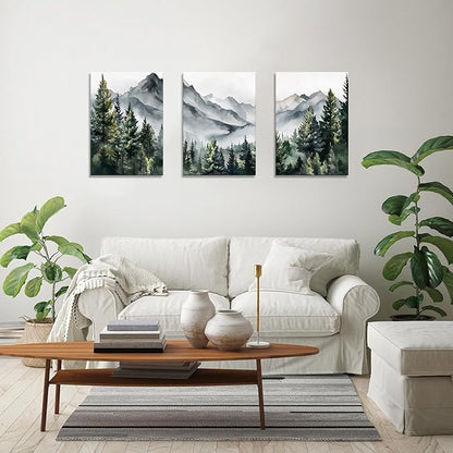 WANGTIAO 3 Panels Framed Canvas Wall Art for Living Room, Abstract Mountain Forest Views Ink Wall Decor for Dedroom Office Wall Paintings Green Landscape Art Prints Pictures Ready to Hang 16"x24"x3
