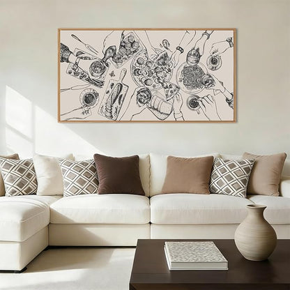 BINCUE Large Framed Wall Art Food and Drink Canvas Wall Decor Pizza Cheers Sketch Painting Retro Canvas Wall Art for Kitchen Dining Room Restaurant Used for Gatherings Decor