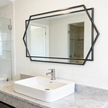 Black Decorative Mirror for Wall Decor, 32"x47" Modern Large Living Room Mirror with Hexagon and Rectangular Metal Frame for Bathroom, Entrance, Bedroom, Dining Room