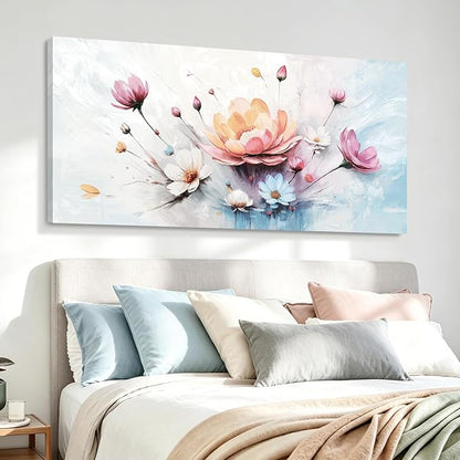 Extra Large Floral Living Room Wall Art (Orange, Pink, & Blue) — Abstract, Colorful Botanical Canvas Print. A Modern, Aesthetically Pleasing Nature-Inspired Wall Decoration, Suitable For Bedrooms, Entryways, Dining Rooms, Balconies, And More. Dimension...