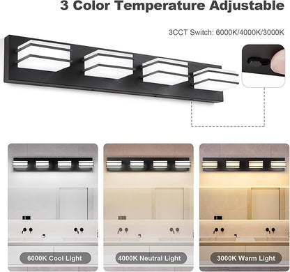 GOODATE 3 Color Temperature Dimmable Bathroom Light Fixtures Over Mirror, LED Black 4 Light Vanity Lighting Fixtures, Acrylic Stainless Steel Square Shade Vanity Lights for Bathroom, ETL Certificated