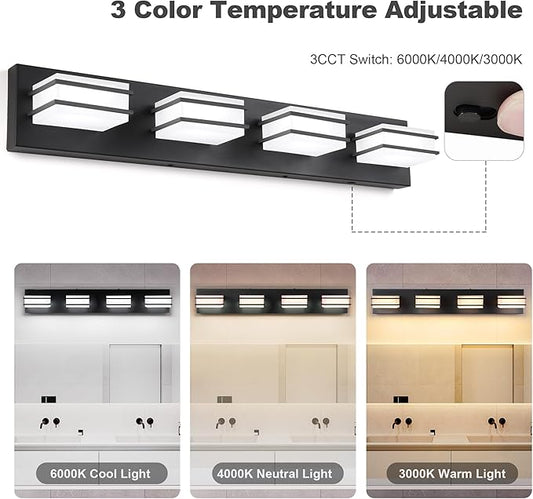 GOODATE 3 Color Temperature Dimmable Bathroom Light Fixtures Over Mirror, LED Black 4 Light Vanity Lighting Fixtures, Acrylic Stainless Steel Square Shade Vanity Lights for Bathroom, ETL Certificated