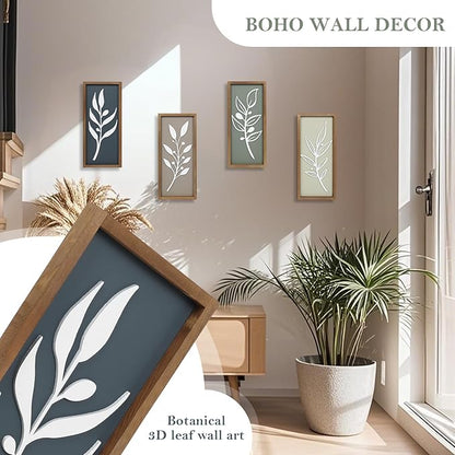 3D Tree Leaf Wooden Framed Boho Wall Art (Set of 4) Lightweight, Minimalist Botanical Farmhouse Bathroom Wall Decor For Living Room Bedroom Kitchen Office Hallway Decorations