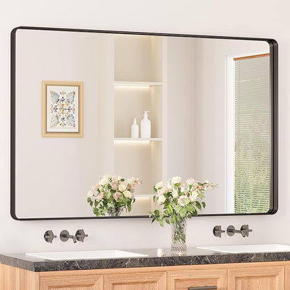 Keonjinn Black Bathroom Mirror for Over Sink, 48 x 30 Inch Rounded Rectangle Vanity Mirror, Sandblasted Finish Matte Black Wall Mirrors, HD Tempered Glass, Anti-Rust Seamless Metal Frame for Restroom