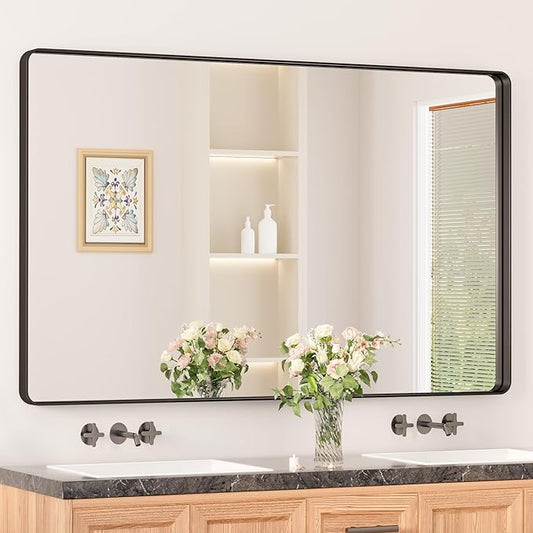 Keonjinn Black Bathroom Mirror for Over Sink, 48 x 30 Inch Rounded Rectangle Vanity Mirror, Sandblasted Finish Matte Black Wall Mirrors, HD Tempered Glass, Anti-Rust Seamless Metal Frame for Restroom