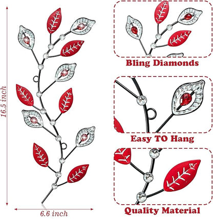 sxnzequnze 2 Sets Leaf Wall Art for Home Metal Bling Rhinestones Ready to Hang Tree Branch Leaves Olive Vine Wrought Iron Hanging Sculpture Pieces Wall Decor Pcs - 16.5in