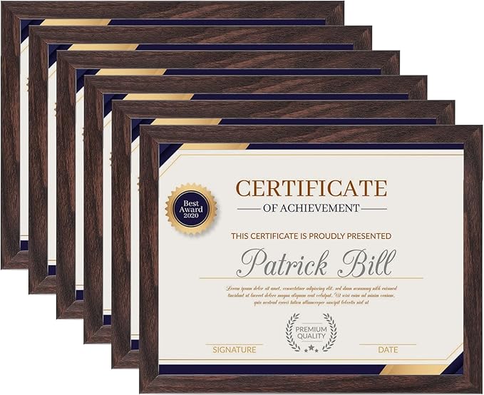 8.5x11 Picture Frame Set of 6, Certificate Document Frame, Diploma Frame, Display Pictures 6x8 with Mat or 8.5x11 Without Mat, Brown