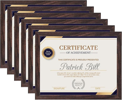 8.5x11 Picture Frame Set of 6, Certificate Document Frame, Diploma Frame, Display Pictures 6x8 with Mat or 8.5x11 Without Mat, Brown