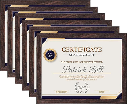 8.5x11 Picture Frame Set of 6, Certificate Document Frame, Diploma Frame, Display Pictures 6x8 with Mat or 8.5x11 Without Mat, Brown