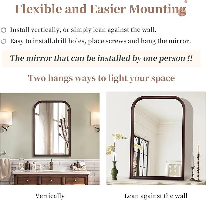 Wood Bathroom Mirror for Wall,Arched 24 x 36 inch Hanging Vanity Dark Brown Tempered Mirrors with Rounded Corner for Living Room,Bedroom,Entryway