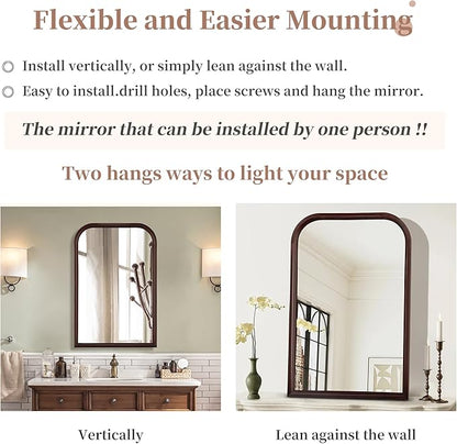 Wood Bathroom Mirror for Wall,Arched 24 x 36 inch Hanging Vanity Dark Brown Tempered Mirrors with Rounded Corner for Living Room,Bedroom,Entryway