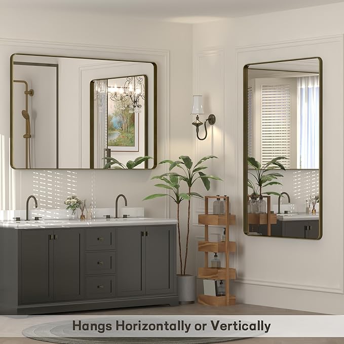 40x30 Bronze Framed Bathroom Mirror, Brushed Bronze Metal Vanity Mirror, Bronze Rectangle Mirror for Wall, Rounded Corner, Tempered Glass, Anti-Rust, Shatterproof (Horizontal/Vertical)