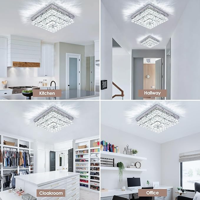 11.8" Crystal Chandelier LED Crystal Flush Mount Ceiling Light Modern Chandeliers Square Ceiling Light for Bedrooms Hallway Kitchen Office (6500K Cool White) Without Remote Control