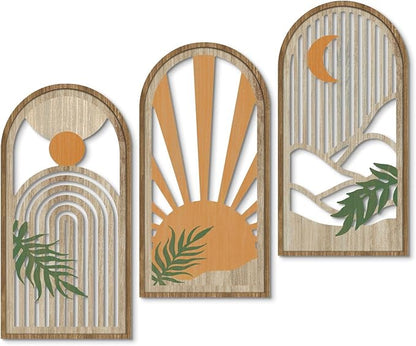 Putuo Decor Boho Plant Wall Art, Wood Modern Minimalist Wall Decor, Abstract Sun Inspired Room Decorations 16x8 In Mid Century Artwork for Living Room Bedroom Office in Sunrise Earthtone Set of 3