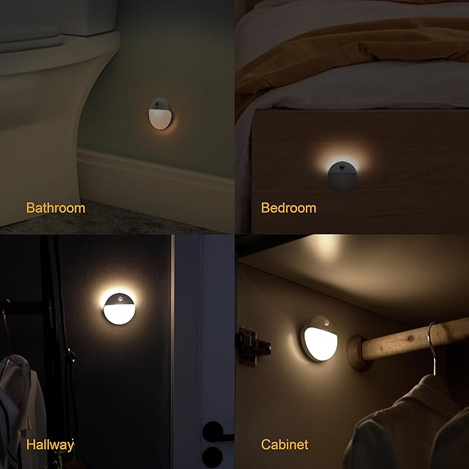 YUNLEX 4 Pack Stair Lights Indoor, 2.6" Small Stick on Lights, Dimmable Motion Sensor Night Light, 3 Light Modes, Portable Battery Night Light for Corners, Cabinet, Toilet, Bedroom, Kids, Warm White