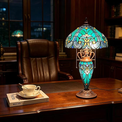 Tiffany Table Lamp with Nightlight Sea Green 3 Lights Stained Glass Desk Lamp for Reading Antique Nightstand Table Light for Living Room Bedroom Entryway