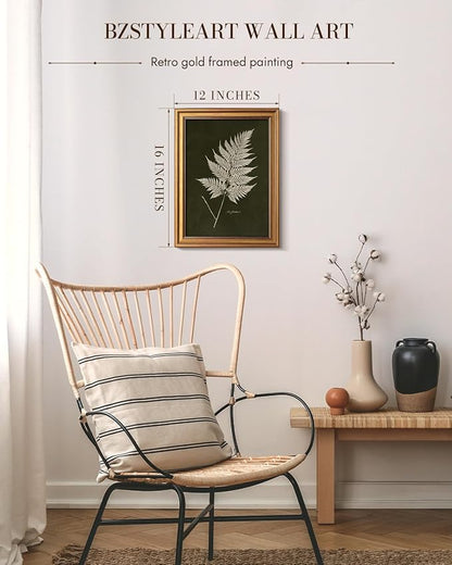 Bzstyleart Vintage Wall Art Decor Bedroom, Vintage Gold Framed Artwork, Fern Leaves Botanical wall Art Living Room, Canvas Picture Painting Room Decor Aesthetic, 12 x 16 Inch