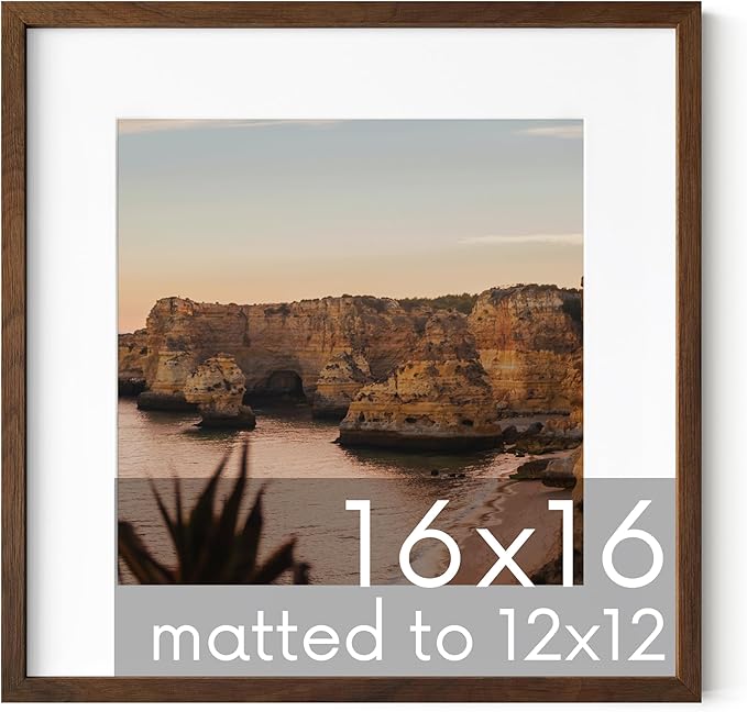 HAUS AND HUES Walnut Oak Wood 16x16 Picture Frame Matted to 12x12 - Square Frame with Plexiglass, Elegant Frame for Posters (16x16 in, Walnut, Set of 1)