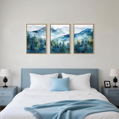 Blue Ridge Mountains Forest Framed Canvas Wall Art Set, Natural Landscape Wall Decor, Green Pine Trees Wall Painting, Woodland Artworks for Living Room, Bedroom, Dining Room-16"x24"x3