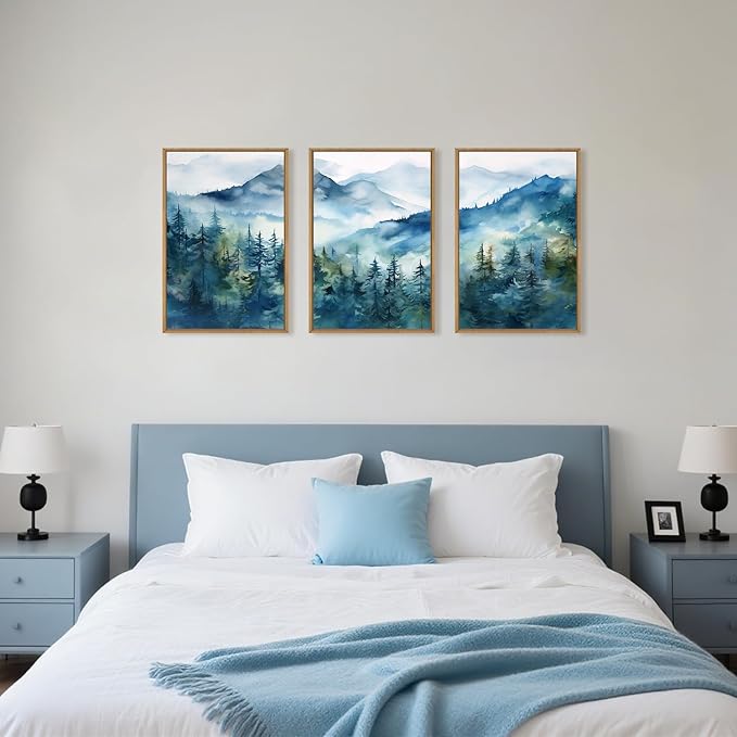 Blue Ridge Mountains Forest Framed Canvas Wall Art Set, Natural Landscape Wall Decor, Green Pine Trees Wall Painting, Woodland Artworks for Living Room, Bedroom, Dining Room-24"x36"x3