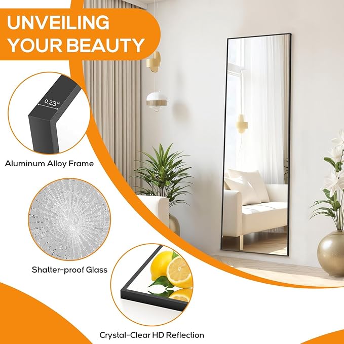 Full Length Floor Mirror, 15.75"x59" Full Body Standing Mirrors with Shatter-Proof Glass, Floor or Wall Mount, Hanging or Leaning, Aluminum Alloy Frame for Home Decor, Black