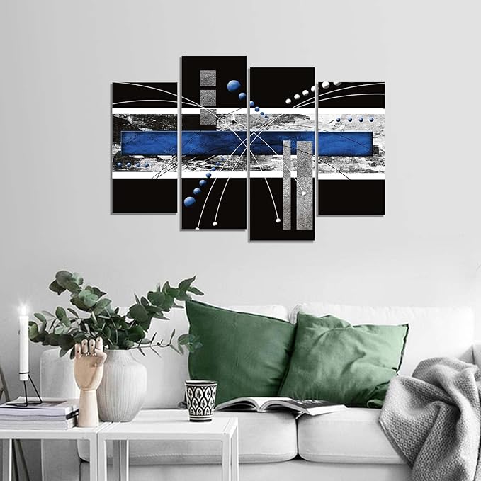 YPY Large Black Blue Canvas Wall Art - 4 Panels Modern Abstract Picture Set for Home Decoration - Contemporary Painting Artwork Ready to Hang Living Room Bedroom W48 x H36