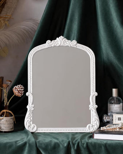 Vintage Vanity Small Mirror with Stand,Gold Decorative Mirrors for Wall,Antique Desk Eclectic Home Dresser Decor Small Mirror,Bathroom, Bedroom, Makeup Desk, Wall Entry,11.6" L x 9.0" W White