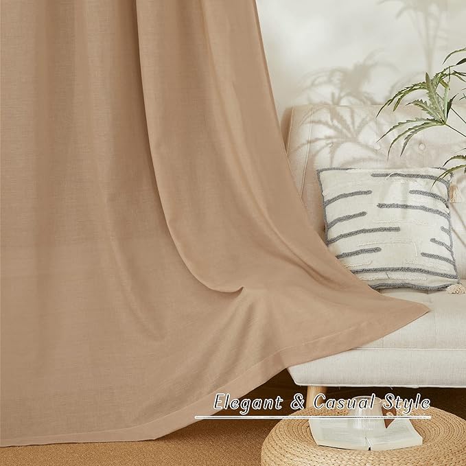 NICETOWN Flax Thick Linen Camel Curtains for Bedroom, Grommet Top Linen Blend Semi Sheer Privacy Assured Window Treatment Light Filtering for Living Room, 55" W x 63" L, Set of 2
