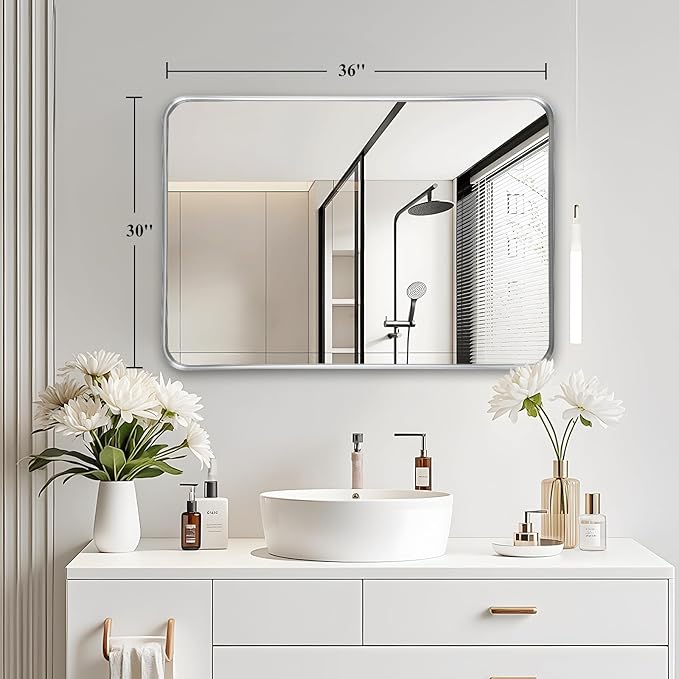Bathroom Mirror Wall - 30x36 Inch Silver Framed Rectangular Mirror for Bathroom Over Sink, Brushed Metal Frame Mirror for Restroom, Entryway