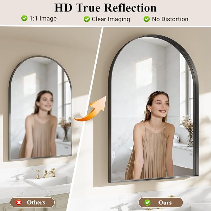 Bathroom Mirror, 20" L×30" W Arched Mirrors for Bathroom Sink, Dark Brushed Black Frame Mirror for Wall, Tempered Glass for Vanity, Living Room,Bedroom, Restroom, Entryway