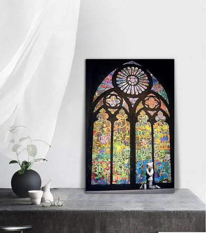 Modern Graffiti Wall Art Decor Praying Boy Kid In Cathedral Pictures Artwork Colorful Doodle Picture for Home Living Dining Room Office Decoration Stretched and Framed Ready to Hang(24''W x 36''H)