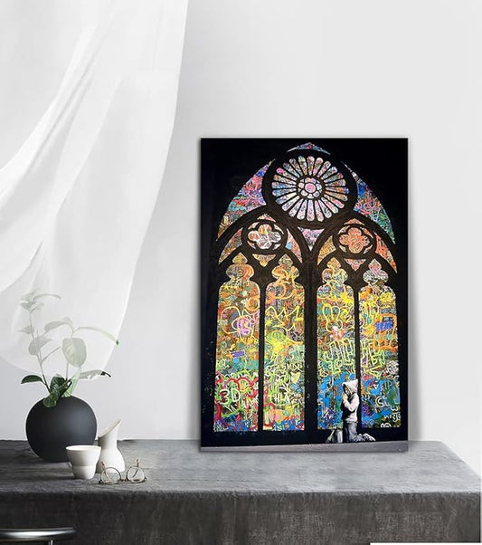Modern Graffiti Wall Art Decor Praying Boy Kid In Cathedral Pictures Artwork Colorful Doodle Picture for Home Living Dining Room Office Decoration Stretched and Framed Ready to Hang(24''W x 36''H)