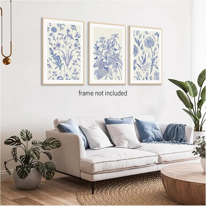 LYPHNX Blue White Chinoiserie Floral Poster Wall Art Navy Watercolor Flower Canva Painting Set of 3 Minimalist Botanical Wildflower Prints Picture Home Decor for Bedroom Living room 16"x24" UnFramed