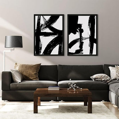 Black and White Wall Art Abstract Modern Painting Minimalist Line Canvas Wall Art Decor Black And White Poster Abstract Artwork Prints for Living Room Bedroom 16x24 Inch Wood Framed Set of 2