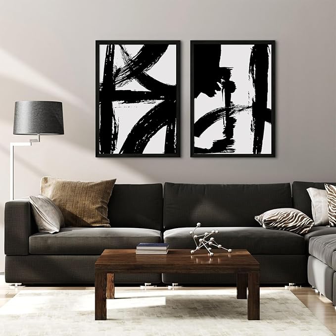 Black and White Wall Art Abstract Modern Painting Minimalist Line Canvas Wall Art Decor Black And White Poster Abstract Artwork Prints for Living Room Bedroom 24x36 Inch Wood Framed Set of 2