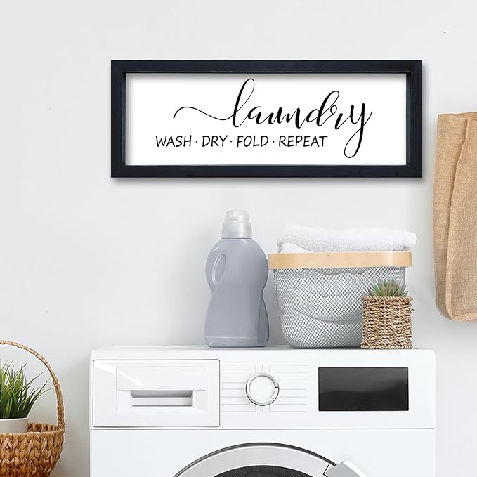 Laundry Room Wall Decor Sign 16"×6" Bathroom Laundry Rules Wash Dry Fold Repeat Small Wood Framed Wall Hanging Art (Black)