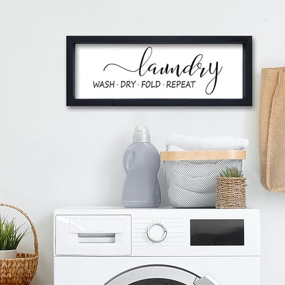 Laundry Room Wall Decor Sign 16"×6" Bathroom Laundry Rules Wash Dry Fold Repeat Small Wood Framed Wall Hanging Art (Black)