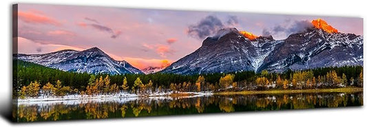 Sunset Landscape Canvas Wall Art for Living Room Wall Decor Snow Mountain Forest River Nature National Park Scenery Picture Prints Framed Artwork for Bedroom Bathroom Office Home Decoration 14x48"