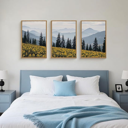 HPNIUB Mountain Sunflowers Landscape Framed Wall Art Set Nature Pine Tree Wall Decor,Boho Misty Forest Art Print Rustic Wildflower Painting Artwork for Living Room, Bedroom,Office-16''x24''x3