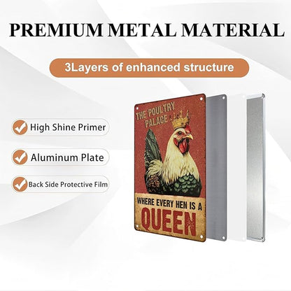 Funny Chicken Metal Tin Sign Where Every Hen Is A Queen Vintage Sign for Wall Art Decor for Home Farm Chicken Coop Farmhouse Kitchen Garden Decor 12X16Inch